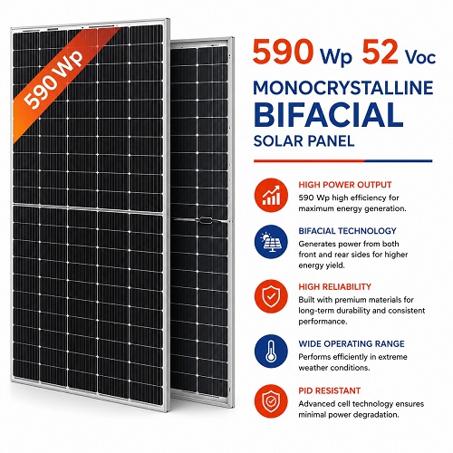 590W 52VOC Monocrystalline Bifacial Solar Panel